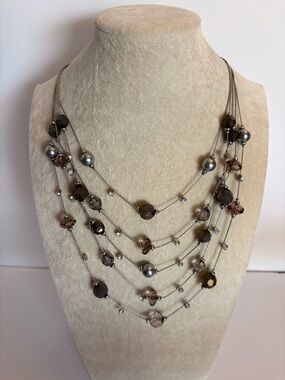Five Strand Beaded Necklace Neutral Taupe Gray Silver Tone Statement Necklace